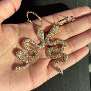 Large Gold Dangle Rhinestone Snake Earrings New!